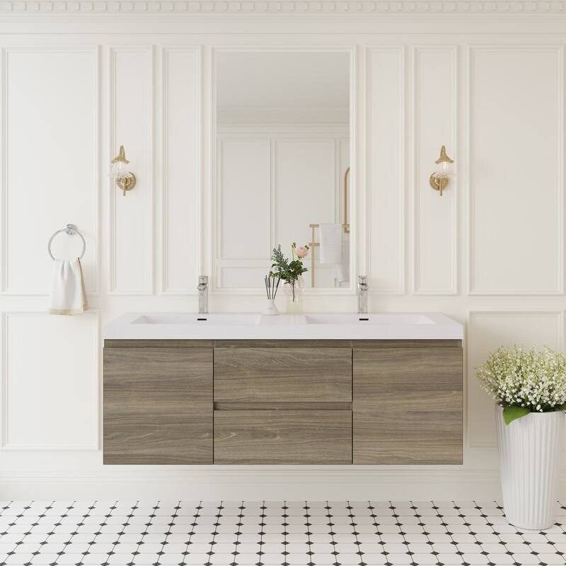 ABRUZZO 60" Floating Bathroom Double Vanity with Integrated Resin Top 2 Basins 2 Cabinets 2 Soft Close Drawers Full Assembly - Ash Grey