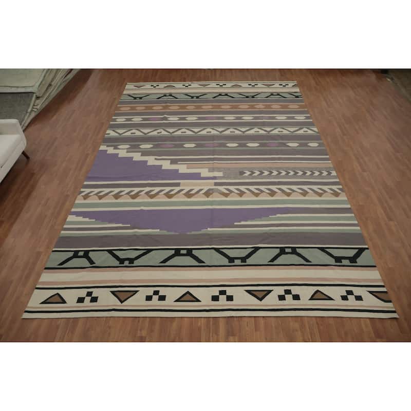 Hand Woven Oriental 100% Wool Carpet Southwestern Tribal Greys & Charcoal Kilim Area Rug - 18' 3'' X 11' 10''