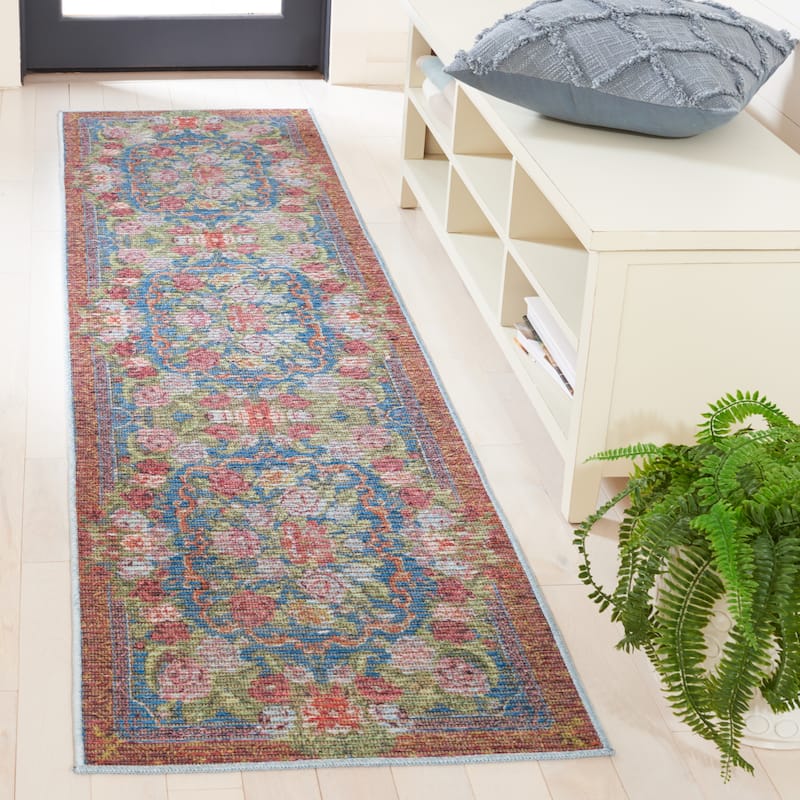 SAFAVIEH Besarabian Machine Washable Jyotsna French Country Rug - 2' x 8' Runner - Blue/Sage Rust