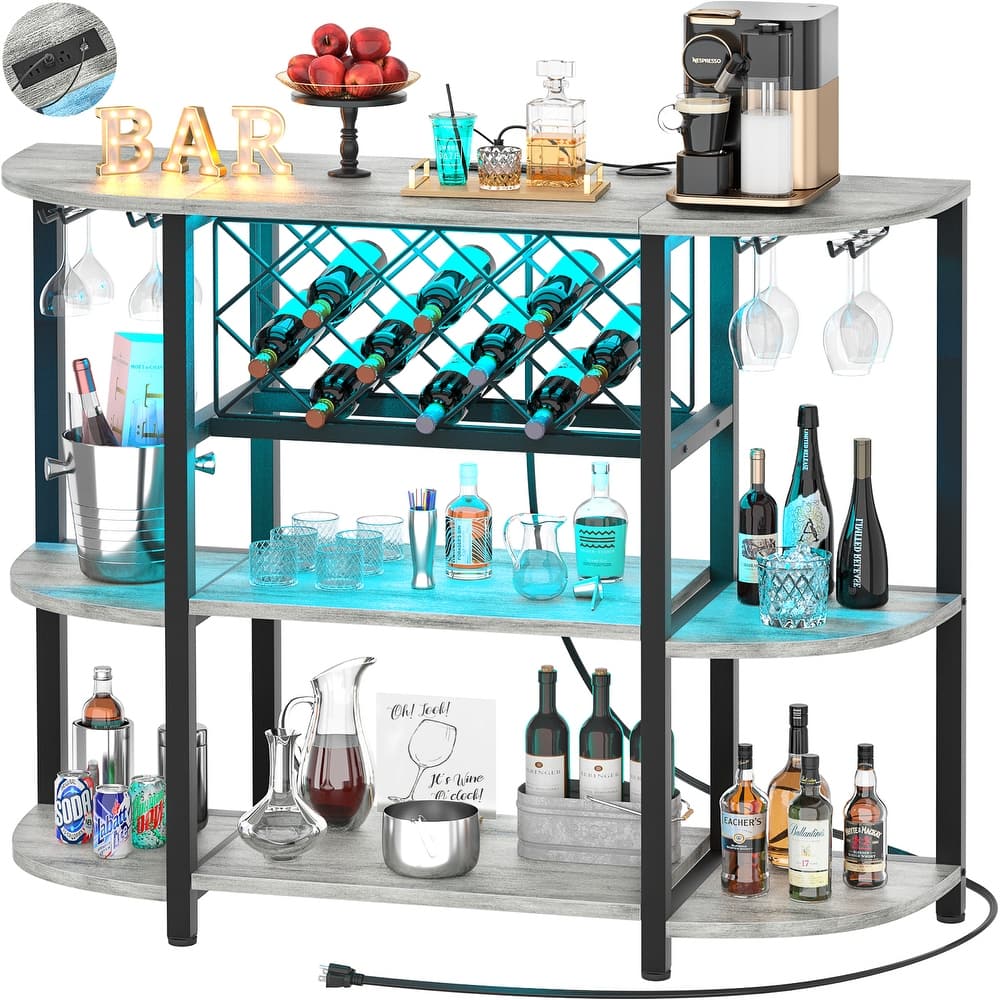 4-Tier Wine Bar Cabinet with Outlet and LED Light,Freestanding Bar Table with Glass Holder and Wine Storage