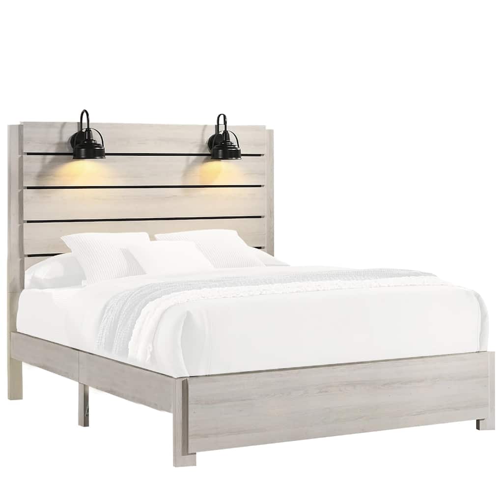 Lei King Size Bed with Tall Slatted Headboard, Distressed White Wood