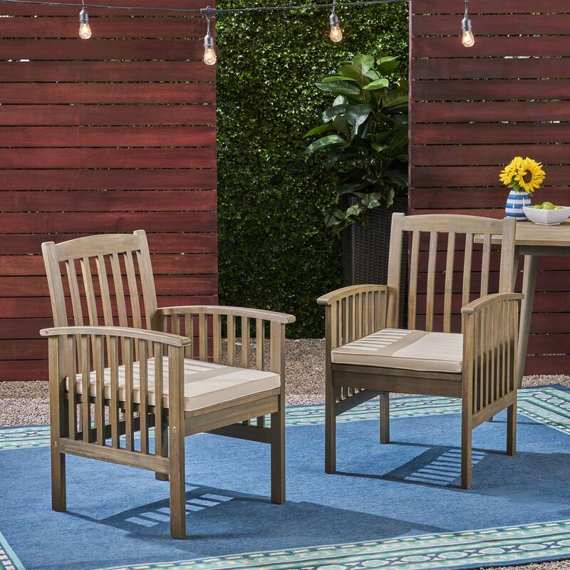 Roomfitters 2-Piece Acacia Wood Dining Chairs with Water-Resistant Cushions, Rustic Modern Outdoor Seating