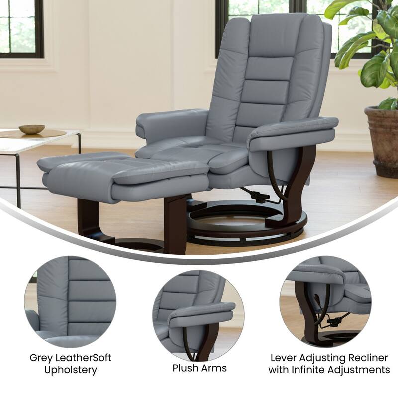Contemporary LeatherSoft Recliner with Horizontal Stitching and Ottoman