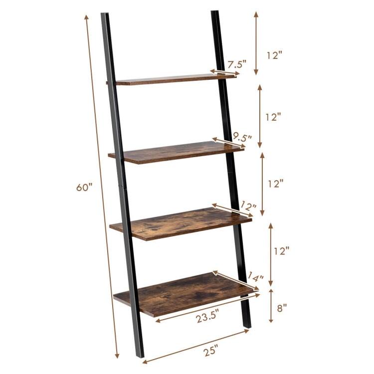 Multipurpose 4-Tier Industrial Leaning Wall Bookcase with Metal Frame - 25'' x 14'' x 60'' (L x W x H)