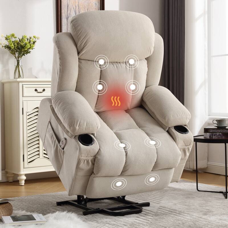 Fabric Electric Power Lift Recliner Chair with Massage and Heat for Elderly with USB Ports,Cup Holders & Side Pocket - Beige
