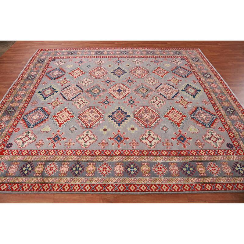 Hand Knotted Oriental 100% Wool Carpet Traditional All-Over Greys & Charcoal Kazak Area Rug - 9' 6'' X 8' 3''