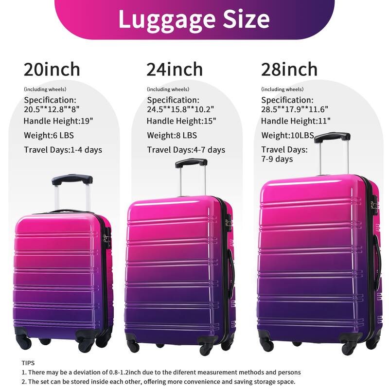 Hardshell Luggage Sets, 3 Piece Gradient Color Expandable Suitcase, with Spinner Wheels and TSA Lock Lightweight 20" 24" 28"