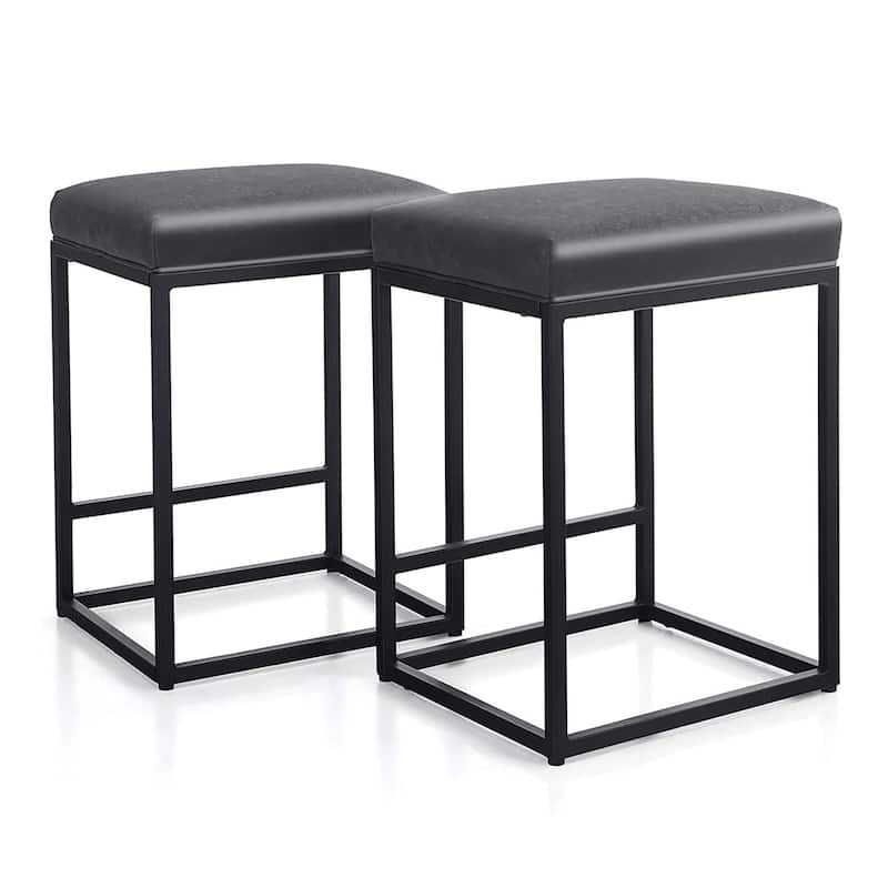 PHI VILLA 24'' Square PU Leather Bar Stool with Sturdy Metal Frame, Set of 2