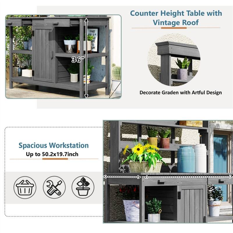 Large Outdoor Farmhouse Wooden Potting Bench Table, Garden Workstation with 2 Drawers, Cabinet and Open Shelves for Backyard
