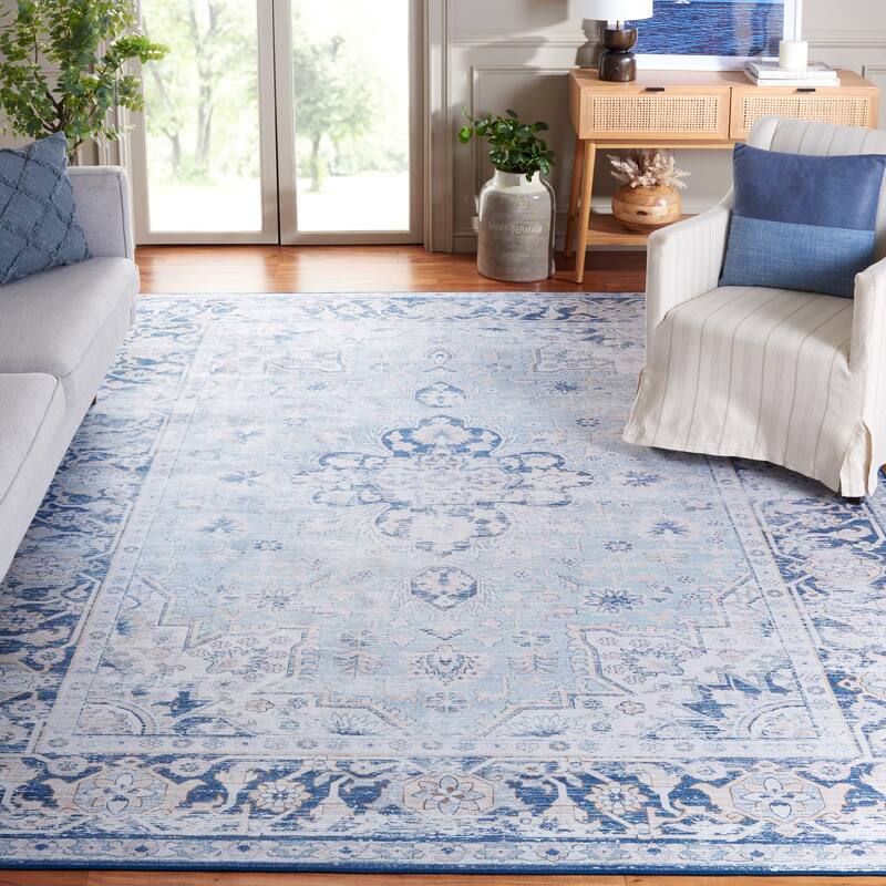 SAFAVIEH Tucson Machine Washable Slip Resistant Emmie Traditional Rug - 10' x 14' - Light Blue/Navy