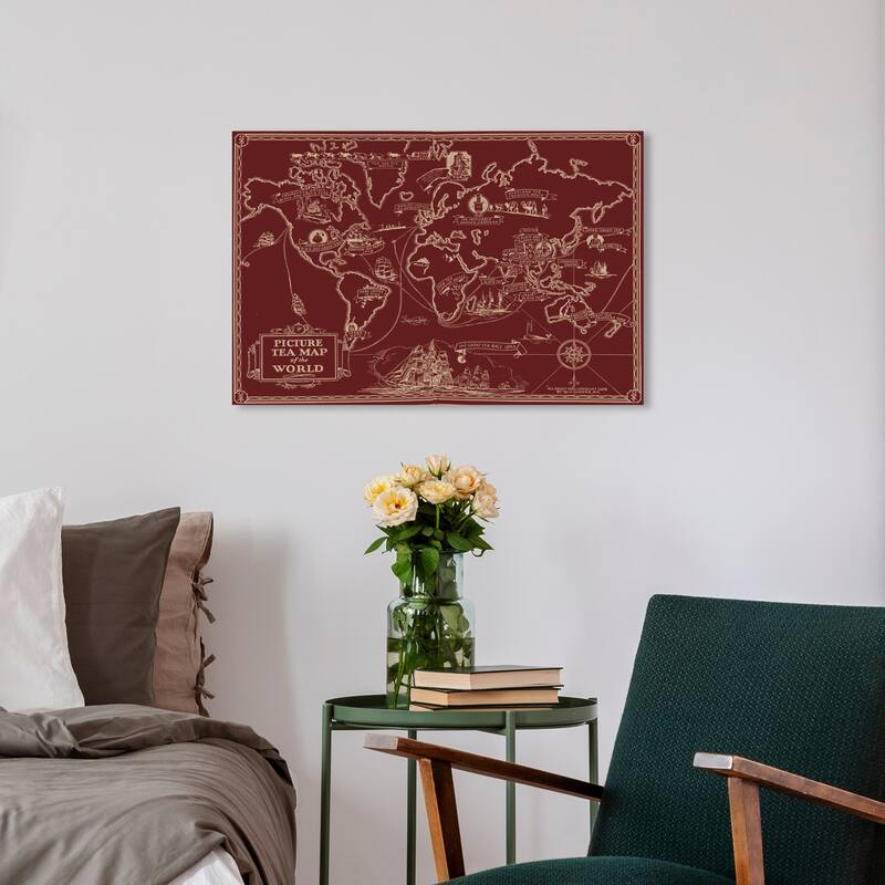 Wynwood Studio 'Tea Map Of The World Berry' Maps and Flags Wall Art Canvas Print World Maps - Red, White - 24 x 16