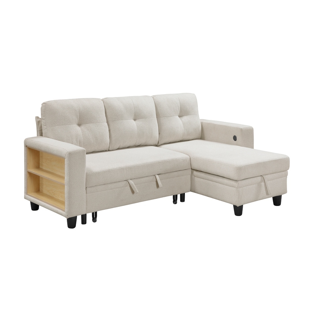 Hazel Boucle Sectional Sofa - Reversible Chaise, Pull-out Bed, Shelves