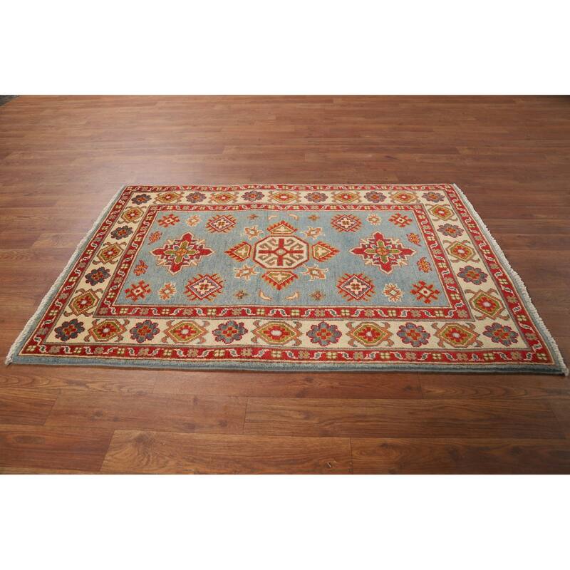 Light Blue Kazak Foyer Rug Handmade Geometric Wool Carpet - 2'8"x 4'0"