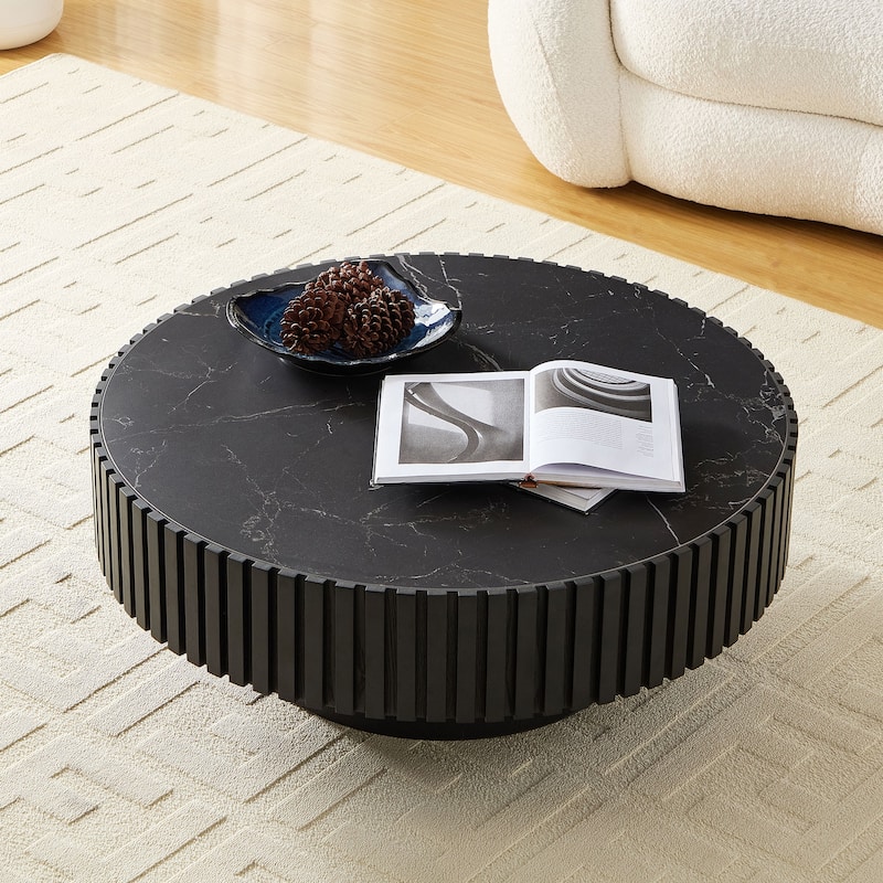 Luxury Round Coffee Table with Faux Marble Top, 35.43" Modern Low Drum Shape Cocktail Table for Living Room, Reception Room