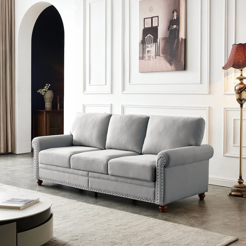 Linen Fabric Upholstered 3-Seat Sofa with 7" Thick Seat Cushion and Built-in Storage, Removable Cushion Cover