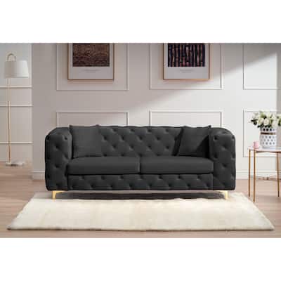 Loveseat Velvet Sofa Button Decoration Tuxedo Arms Couches with Two Pillows