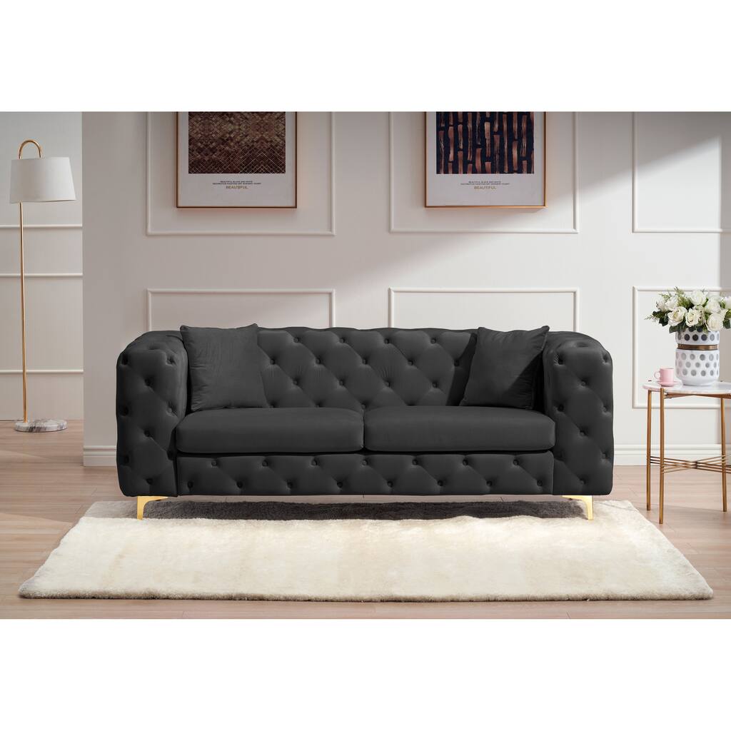 Loveseat Velvet Sofa Button Decoration Tuxedo Arms Couches with Two Pillows