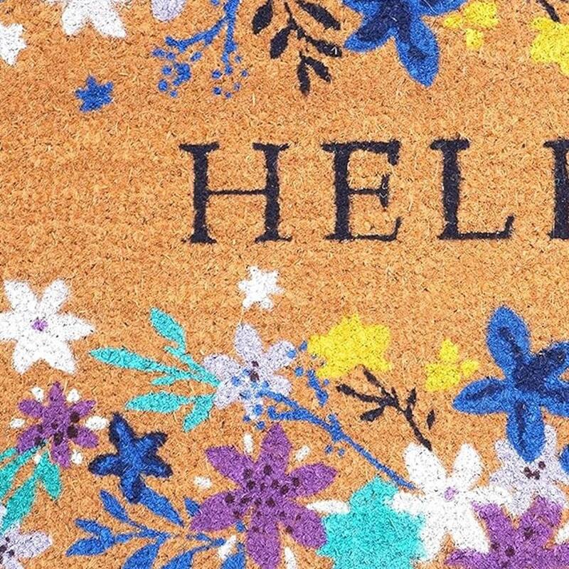 HomeRoots 17" X 29" Natural Blue And Purple Floral Hello Outdoor Coir Door Mat - 17' X '29