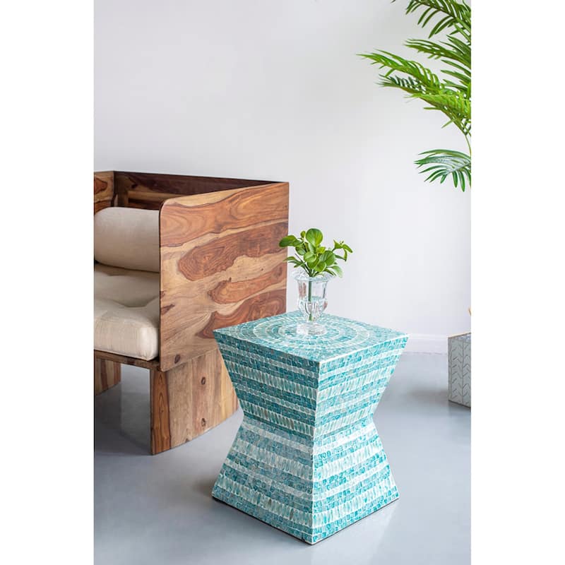Hourglass Style Geometric Inlay Accent Stool - 17.75" - Turquoise Blue and White