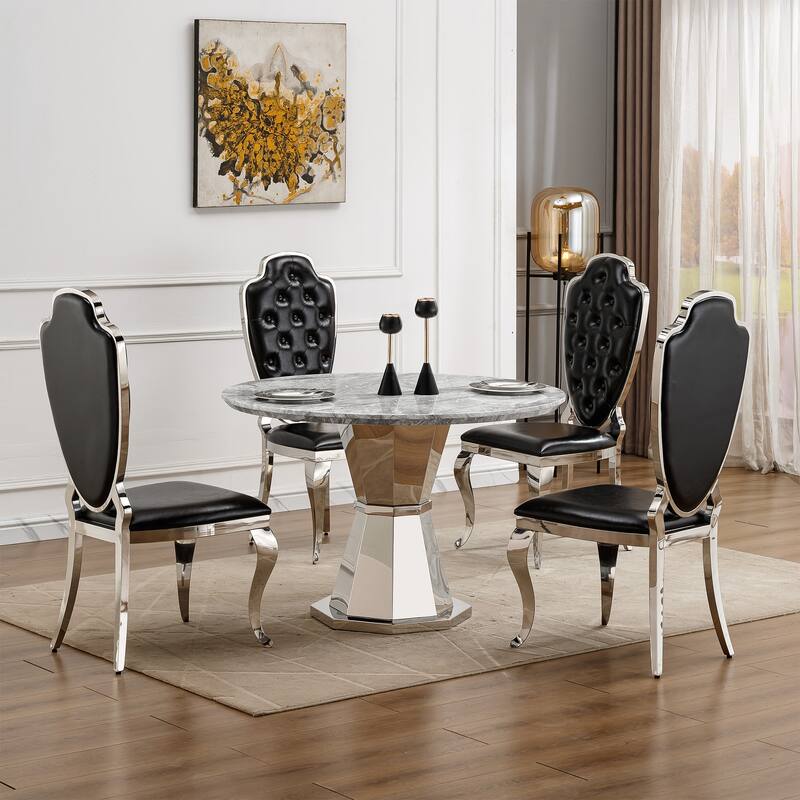 GDFStudio - Jane Series 47" Round Marble Dining Table and Stainless Steel Base for Dining Room, Kitchen