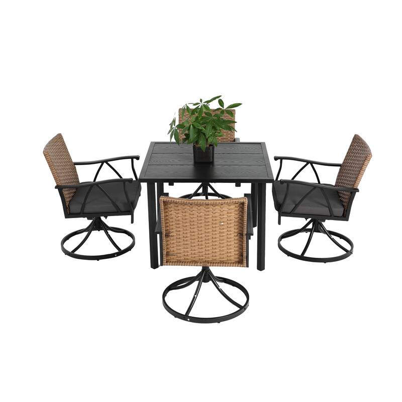 5 Piece Patio Dining Set for 4 with 4 Cushions Swivel Rocker Chairs, Steel Table Top, Removable Cushions for Backyard