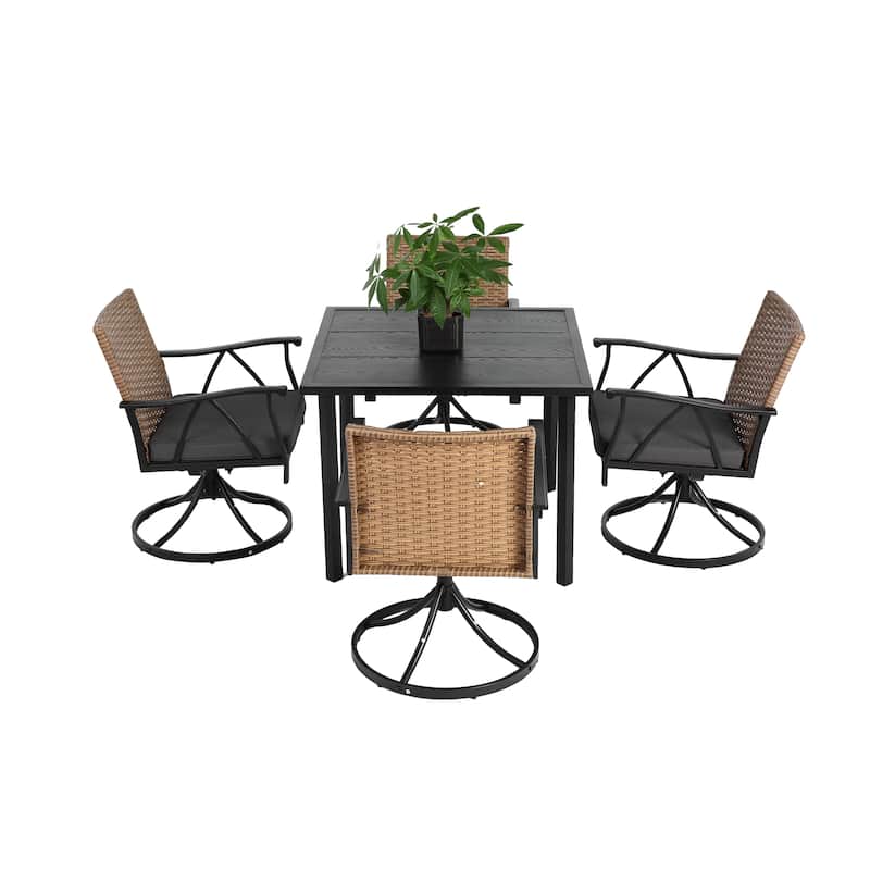 5 Piece Steel Patio Furniture Set, Outdoor Square Dining Table and Swivel Rocking Chairs Set with Steel Tabletop & Umbrella Hold