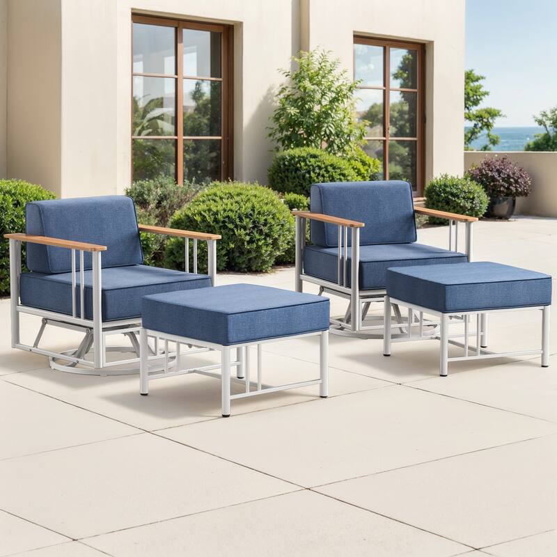 Puffin 4-Piece Black Metal Frame Outdoor Swivel Gliding Chairs with 6-Inch Dark Gray Cushions and Ottomans