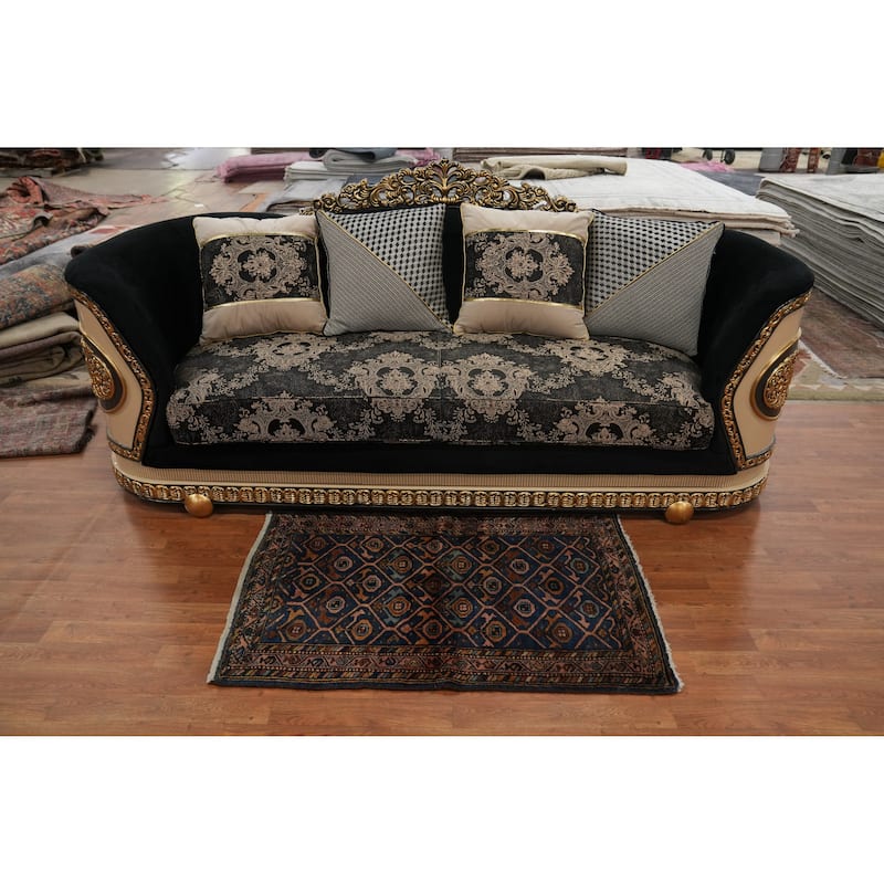 Hand Knotted Oriental 100% Wool Carpet Traditional Geometric Navy Blue & Blues Malayer Area Rug - 4' 1'' X 2' 7''