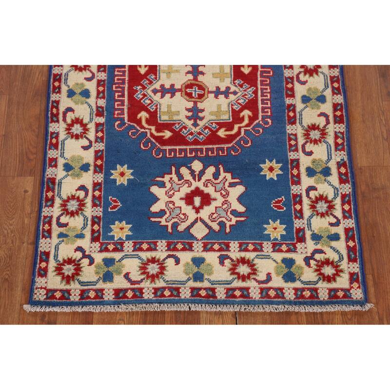 Geometric Kazak Foyer Rug Hand-Knotted Traditional Blue Wool Carpet - 2'7" x 3'11"