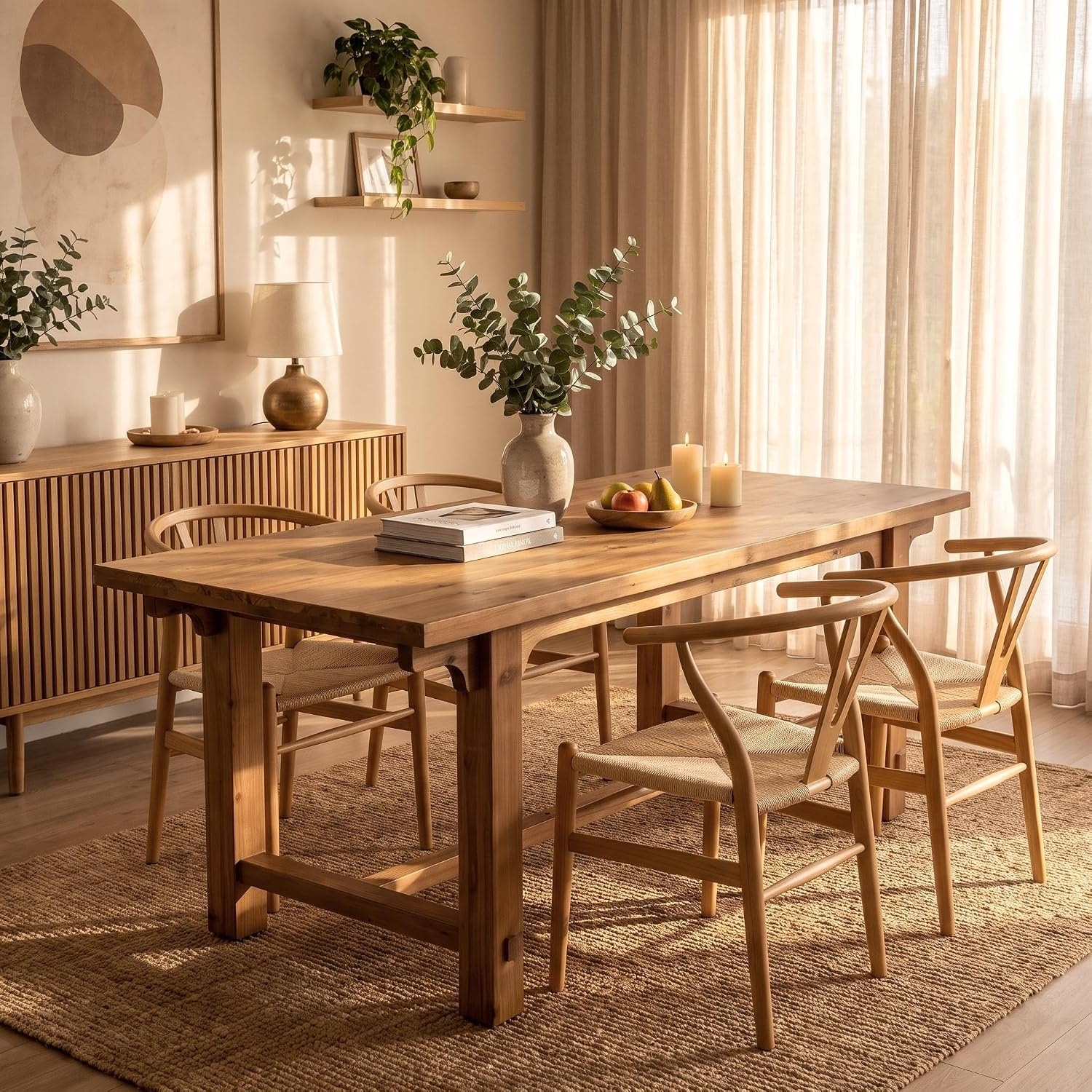 63" Solid Wood Dining Table for 6, Rectangular Kitchen Table, Farmhouse Wood Dinner Table with Thick Trestle Legs for Family