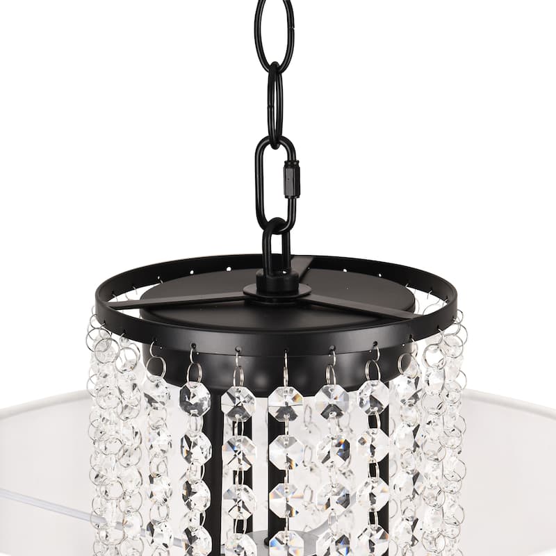 Contemporary 3 - Light Chandelier, White Fabric Shade and Crystal Drops, Black Chain - Matte Black