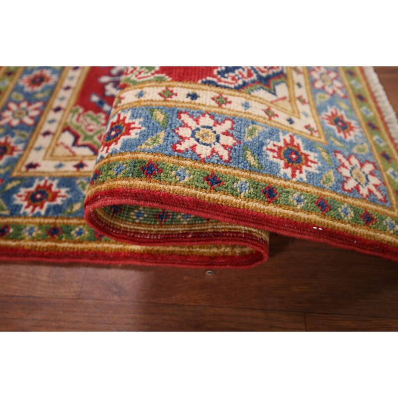 Hand Knotted Oriental 100% Wool Carpet Traditional Geometric Red Kazak Area Rug - 3' 0'' X 1' 10''