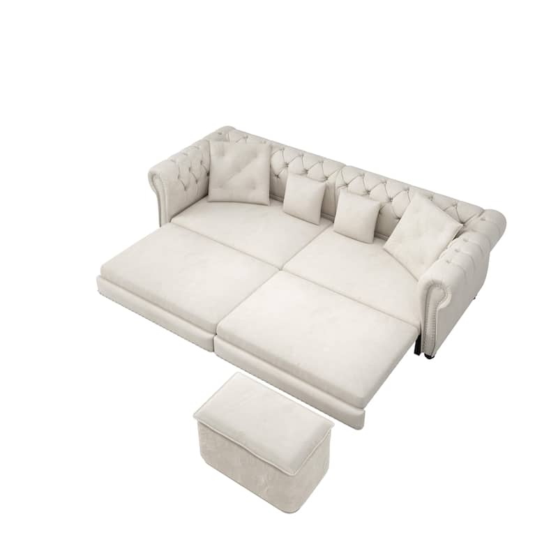 Oversized Chesterfield Loveseat Sofa, Convertible Pull Out Sleeper Sofabed Velvet Couch Bed w/Movable Ottoman and Nailhead Trim