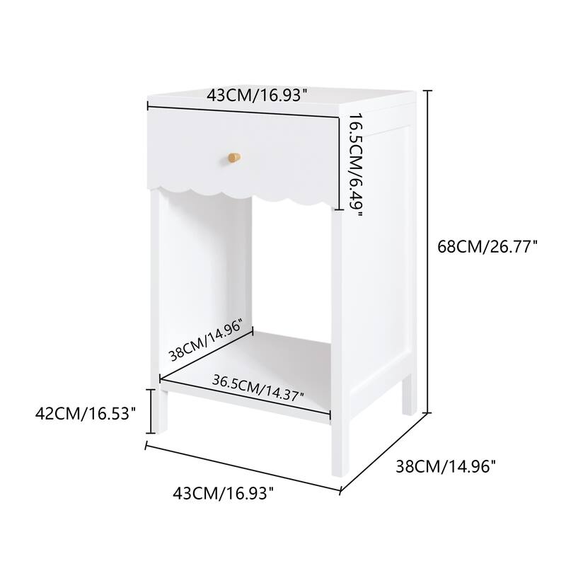 Modern White Nightstand With Drawer And Open Shelf,Scalloped Edge Bedside Table For Bedroom,Cute Minimalist Side Table