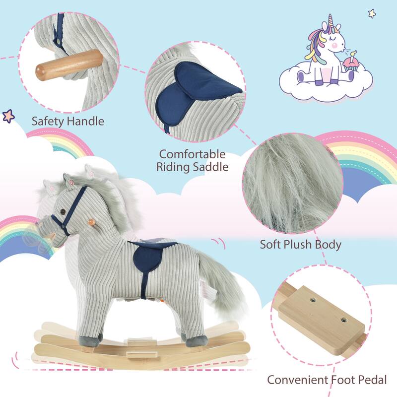 Kids Rocking Horse for Toddler 3-5, Plush Ride on Horse Wooden Rocker with Realistic Sounds, Gray - Light Gray