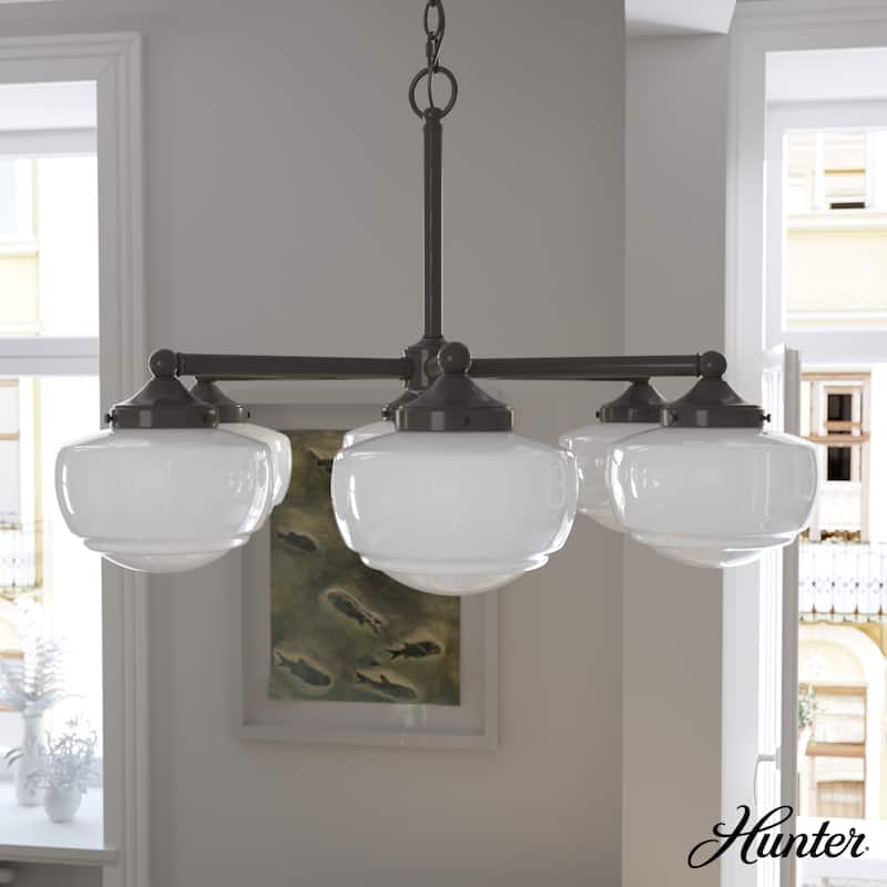 Hunter Saddle Creek Contemporary Schoolhouse Chandelier - Clear or White Glass Globes - Entry, Dining Room, Kitchen Table - 6 Light - Noble Bronze-White glass