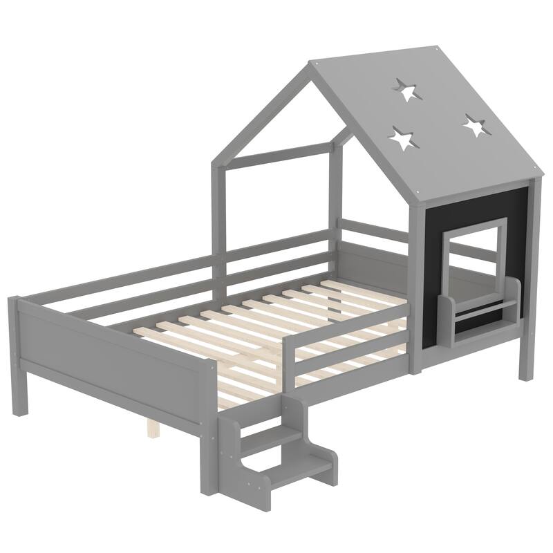 Roomfitters House Floor Bed with Bookcase and Blackboard, Solid Wood Frame with Low Stairs