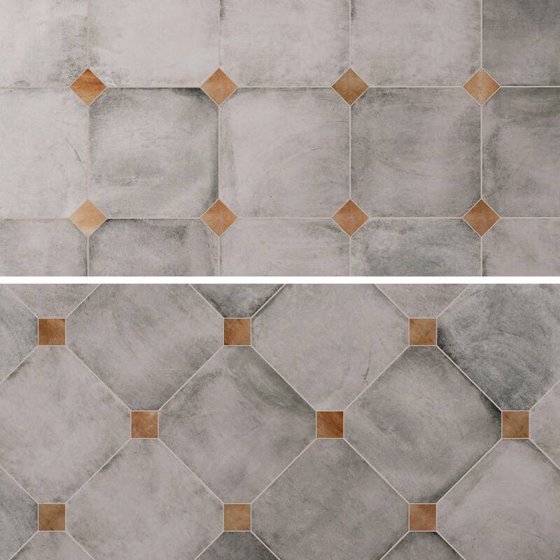 Merola Tile Laverton Octagon Gris with Taco Natural 7-7/8" x 7-7/8" Porcelain Floor and Wall Tile