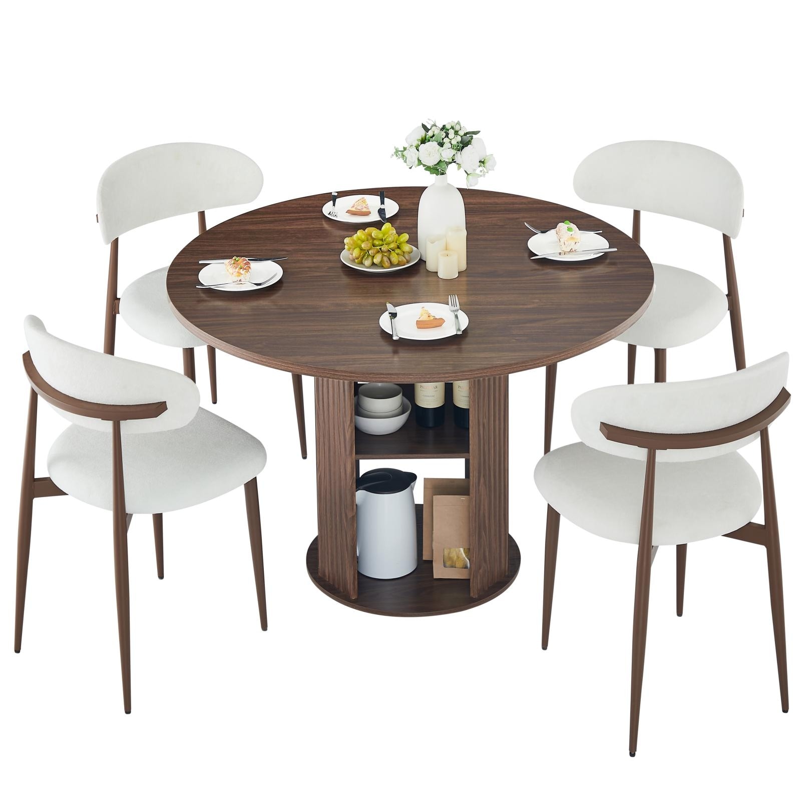 31.5" Round Dining Table Set (Serves 2-4) | Modern Farmhouse 3-Piece with 2 Upholstered Chairs, Double-Tier Storage, Waterproof