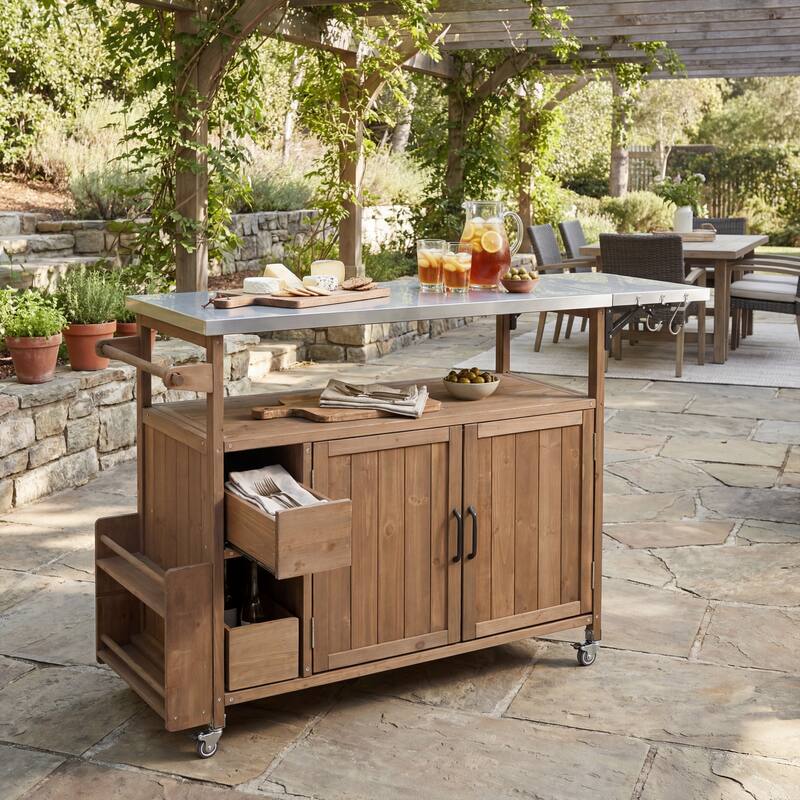 Christopher Knight Home - 54.33" Solid Wood Mobile Outdoor Kitchen Cart with Stainless Steel Top & Spice Rack & Lockable Wheels