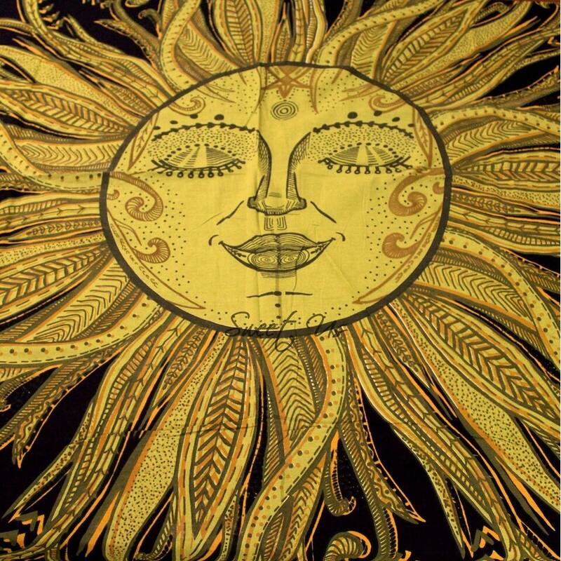 Sun Goddess Cotton Tablecloth Rectangle Midnight Gold Dining Linen - Yellow - 88 x 104 inches