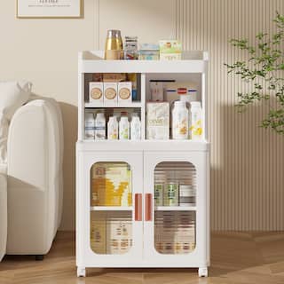 VECELO White Plastic Storage Cabinet with Wheels and Transparent Doors No Tools Assembly Required Multi-Purpose Organizer