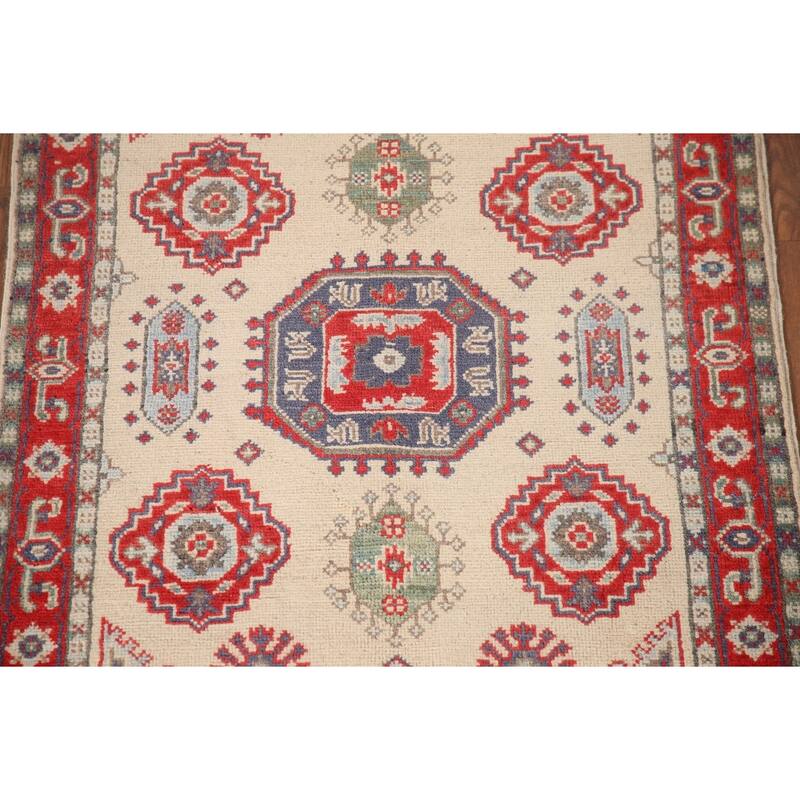Kazak Accent Rug Hand-Knotted Geometric Beige Wool Carpet - 2'9" x 4'1"