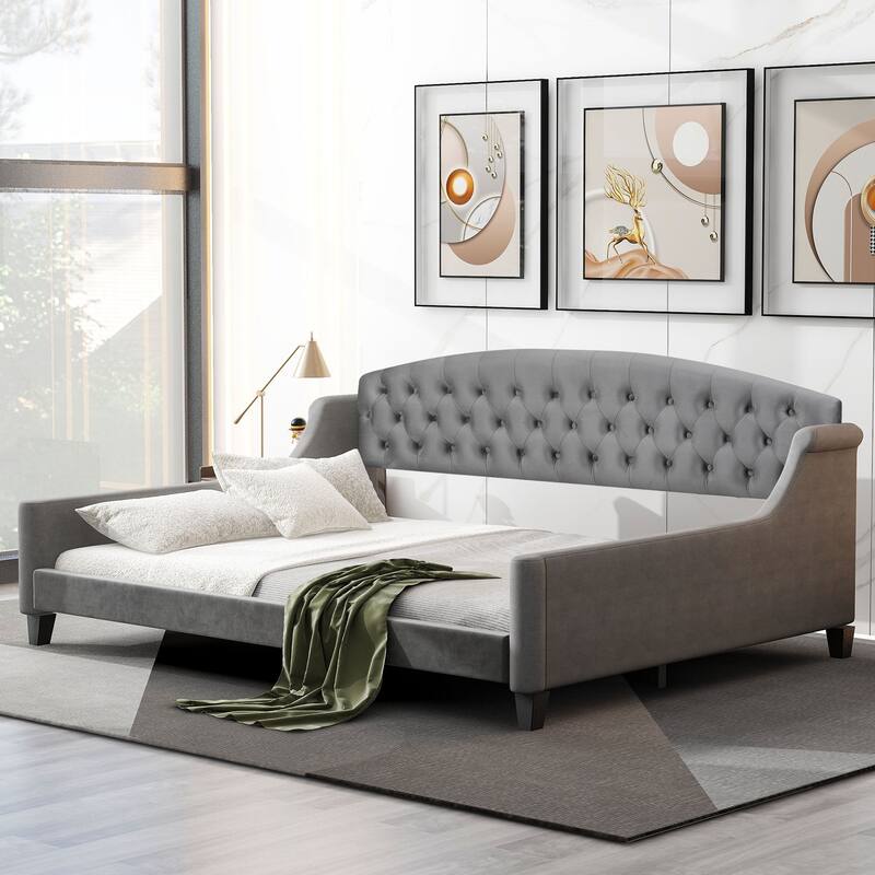Velvet Daybed with Button Tufted Backrest - Gray - Full