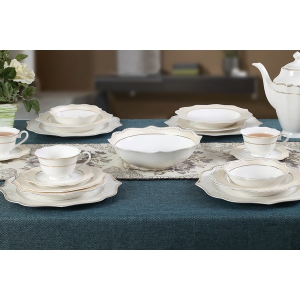 slide 2 of 8, Lorren Home Trends 57 Piece Wavy Silver Mix and Match Bone China Service for 8