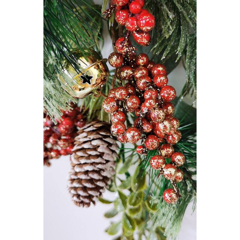 20" Pine Cone Grapevine Glitter Christmas Wreath with Bells - Green＆Red