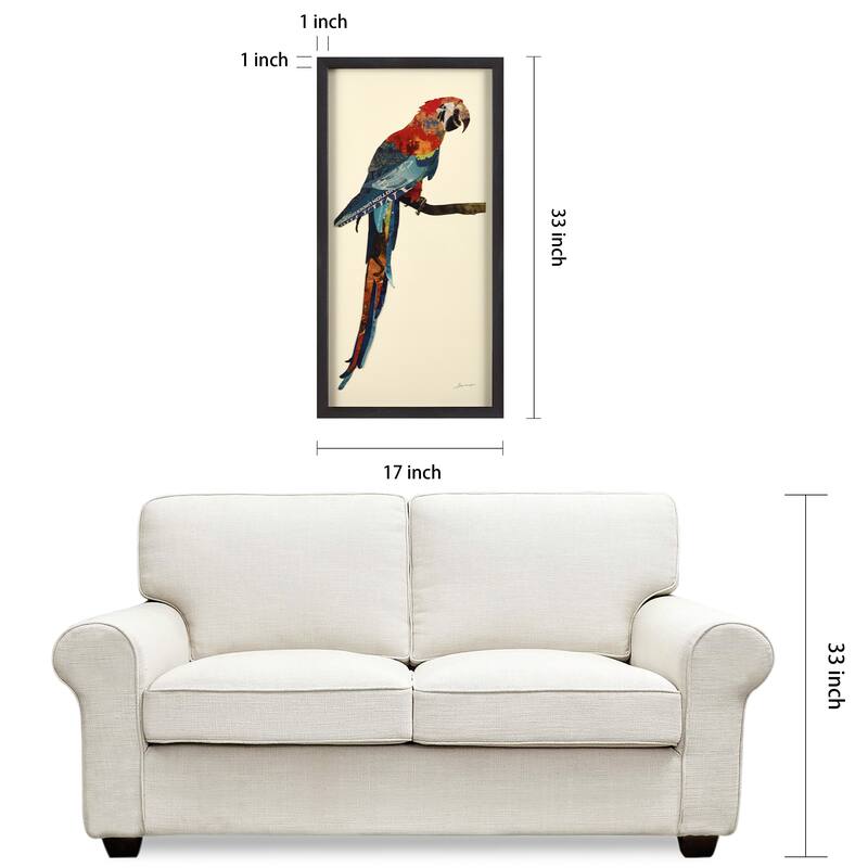 "Tropical Parrot" Alex Zeng's dimensional collage, under glass & a black shadow box frame