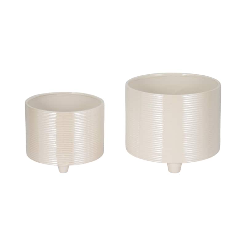 Sagebrook Home Porcelain Planters - Set of 2 Iridescent Ribbed Ivory Planters - 12" x 12" x 10" - Geometric, Solid Ivory White - 12" x 12" x 10"