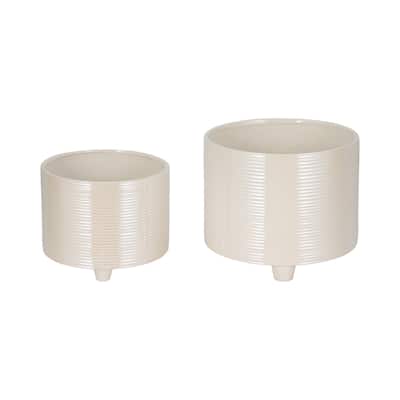 Sagebrook Home Porcelain Planters - Set of 2 Iridescent Ribbed Ivory Planters - 12" x 12" x 10"