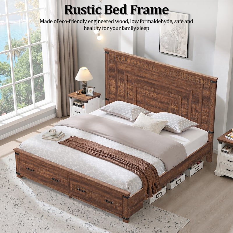 Farmhouse Wood Bed Frame with 54" Tall Headboard, 2 Large Drawers